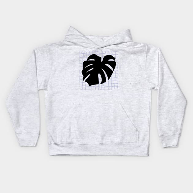 Monstera Deliciosa Leaf on Grid - Black on pastel lilac purple Kids Hoodie by JuneNostalgia